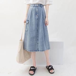 High-waist Flap-pocket Denim Midi A-line Skirt