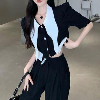 Puff-sleeve Two-tone Blouse / Pants