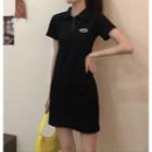 Short-sleeve Polo Collar Half Zip Dress Black - One Size