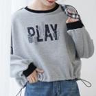 Lettering Drawstring-cuff Pullover Gray - One Size