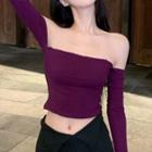 Long-sleeve Off-shoulder Plain Crop Top Purple - One Size