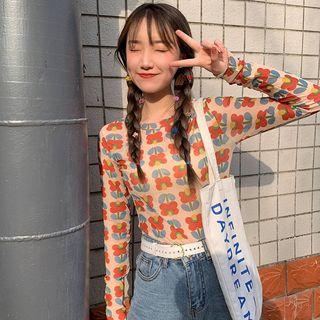 Long-sleeve Flower Patterned T-shirt As Shown In Figure - One Size