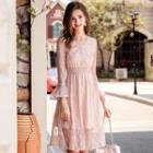 3/4-sleeve Perforated Lace Overlay A-line Dress