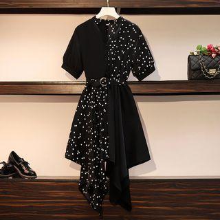Short-sleeve Dotted Panel Asymmetrical A-line Dress