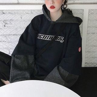 Mock Two-piece Lettering Printed Fleece Hooded Sweatshirt As Shown In Figure - One Size