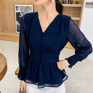 Long-sleeve Dotted Peplum Chiffon Top