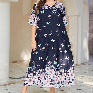Elbow-sleeve Flower Print Maxi Shift Dress