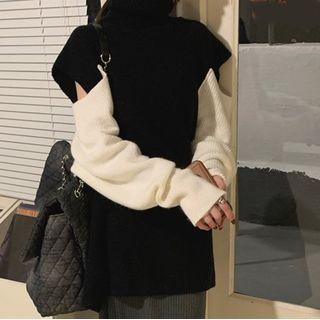 Turtleneck Two Tone Cutout Sweater White & Black - One Size