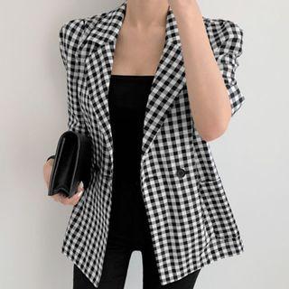 Gingham Short-sleeve Blazer Black & White - One Size
