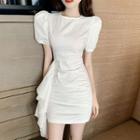Puff-sleeve Shirred Ruffle Trim Mini Bodycon Dress