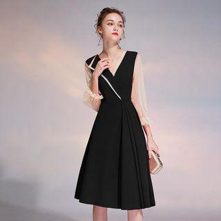 Notch Lapel Mesh Panel Two Tone Pleated Cocktail Dress