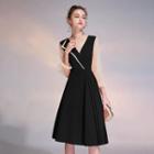 Notch Lapel Mesh Panel Two Tone Pleated Cocktail Dress