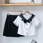 Set: Sailor Collar Short-sleeve Cropped Blouse + Mini A-line Pleated Skirt