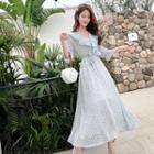 Elbow-sleeve Floral-print Sashed Midi A-line Dress