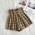 Color-block Plaid Lace-up High-waist Shorts