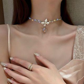 Flower Rhinestone Pendant Choker Silver - One Size