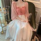 Drawstring Cropped Camisole Top / Open Front 3/4-sleeve Long Light Jacket / High-waist Midi A-line Skirt
