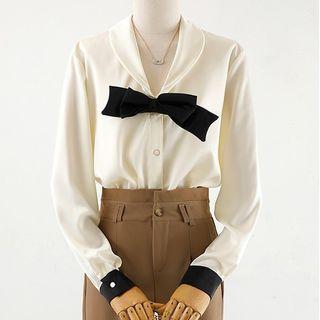 Bow Accent Shirt / Straight Leg Pants