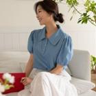 Puff-sleeve Stitched Denim Blouse