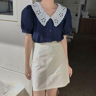 Lace Plain Puff-sleeve Shirt