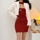 Off-shoulder Knit Mini Bodycon Dress / Cropped Fluffy Jacket