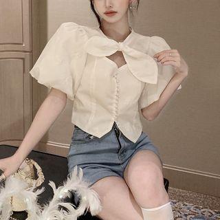 Bow Accent Puff-sleeve Cropped Blouse