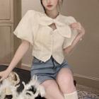 Bow Accent Puff-sleeve Cropped Blouse