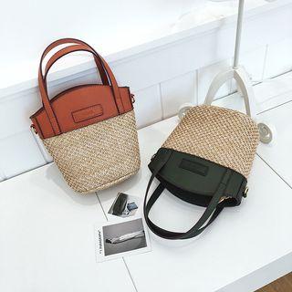 Faux-leather Panel Straw Handbag