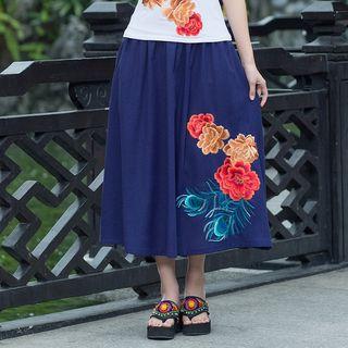 Linen Embroidered Midi Skirt