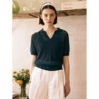Collared V-neck Perforated Knit Top Navy Blue - One Size