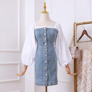 Mock Two-piece Balloon-sleeve Denim Dress