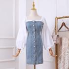 Mock Two-piece Balloon-sleeve Denim Dress