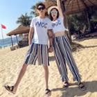 Women Set: Lettering T-shirt + Print Pants / Men Set: T-shirt + Shorts