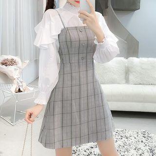 Set: Frilled Trim Puff Sleeve Top + Plaid A-line Pinafore Dress