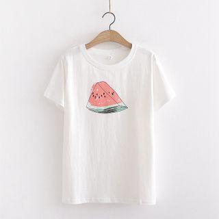 Short-sleeve Watermelon Print T-shirt White - One Size