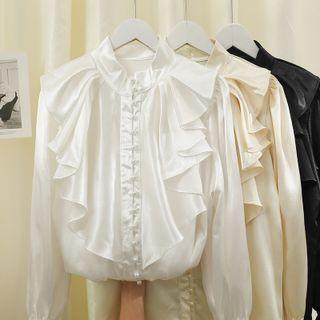 Ruffled Stand-collar Satin Shirt