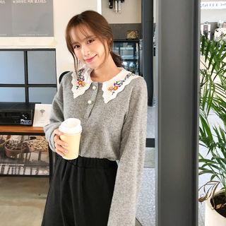 Embroidered Collared Knit Top Gray - One Size