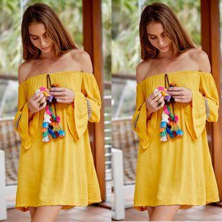 Tasseled Off Shoulder Long Sleeve Dress