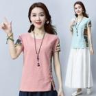 Short-sleeve Patterned Panel Top