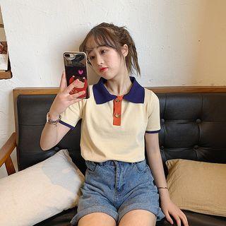Color Block Short-sleeve Placket T-shirt