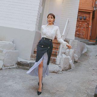 Layered-hem Pinstripe Long Wrap Skirt