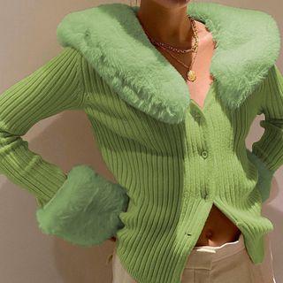 Fleece Collared Plain Knit Cardigan