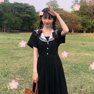 Short Sleeve Sailor Collar A-line Midi Dress As Shown In Figure - One Size