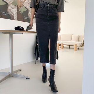 Slit-front Long Denim Pencil Skirt