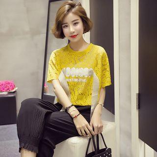 Lettering Short-sleeve Lace T-shirt