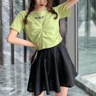 Short-sleeve Lettering Twisted T-shirt / Drawstring Plain A-line Skirt