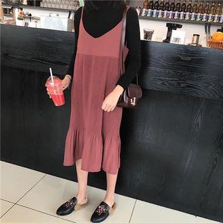 Pleated Trim Spaghetti Strap Midi Dress