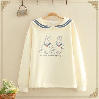 Sailor-collar Rabbit Print Blouse