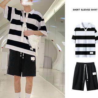 Striped Polo Shirt / Plain Shorts / Set