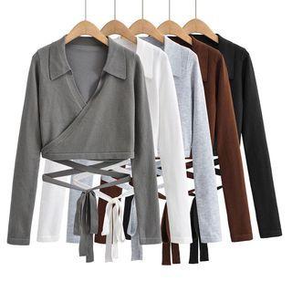 Plain V-neck Long Sleeve Tie-back Cropped T-shirt